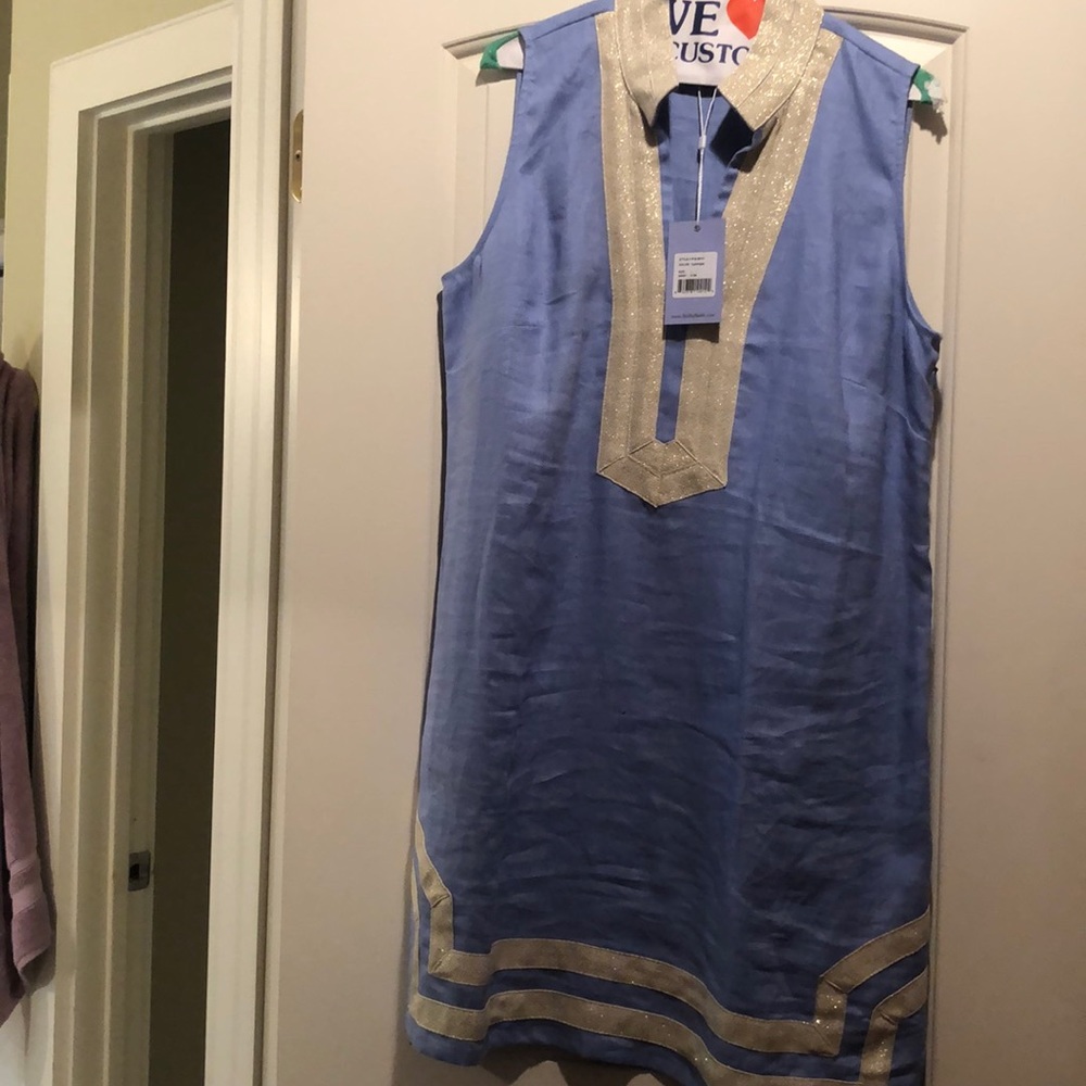 Hydrangea colored, gold trim Linen Sheath dress